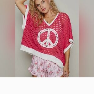 Red Crochet Poncho with Peace Sign